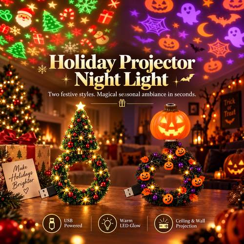 Festive Wreath Projector Night Light | Halloween & Christmas 2 Independent Styles