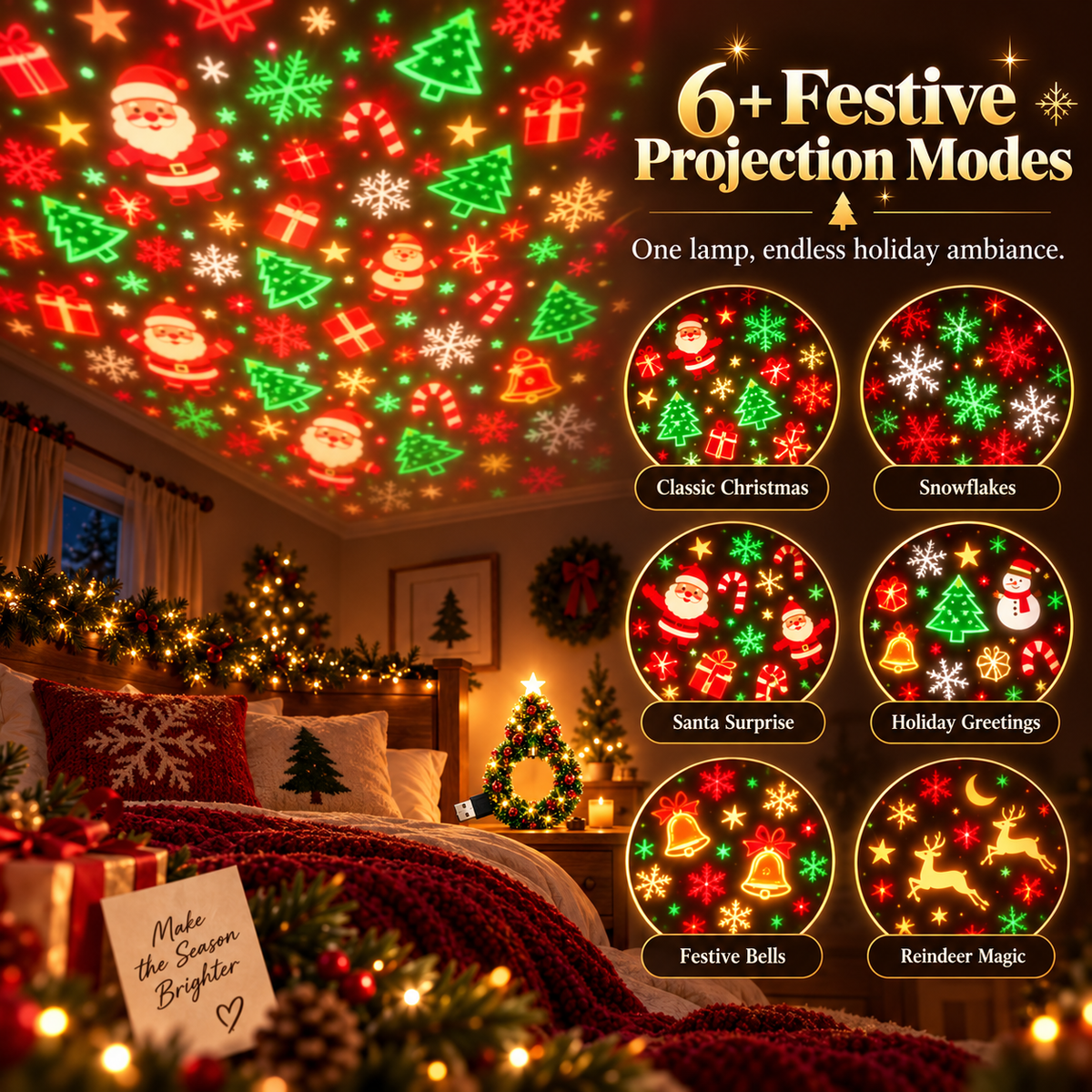 Festive Wreath Projector Night Light | Halloween & Christmas 2 Independent Styles