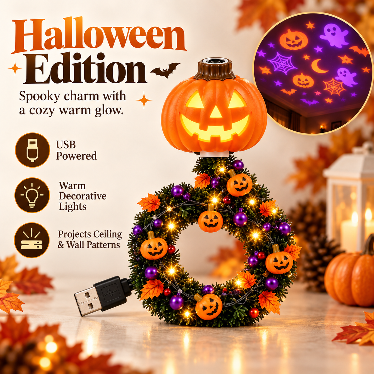 Festive Wreath Projector Night Light | Halloween & Christmas 2 Independent Styles