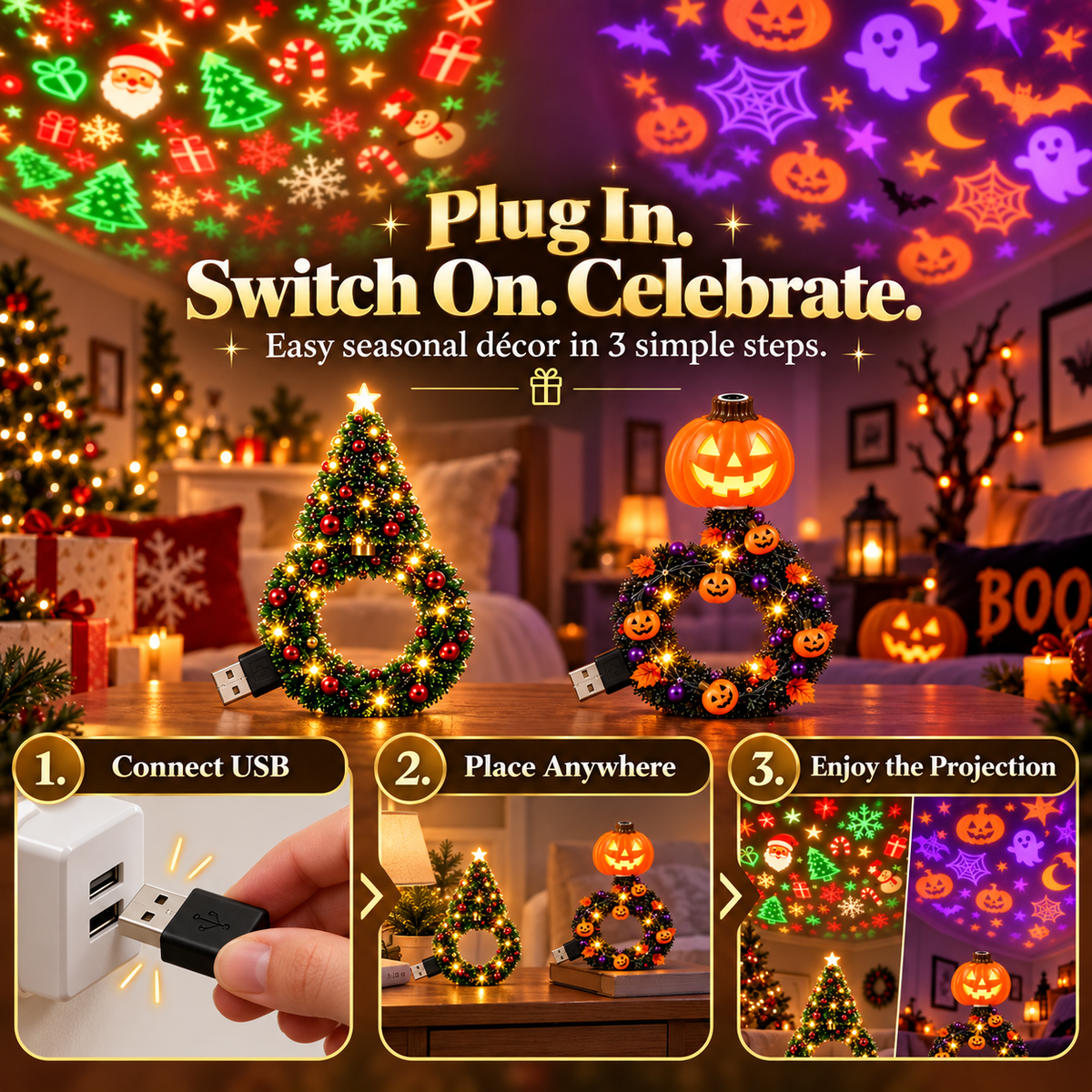 Festive Wreath Projector Night Light | Halloween & Christmas 2 Independent Styles