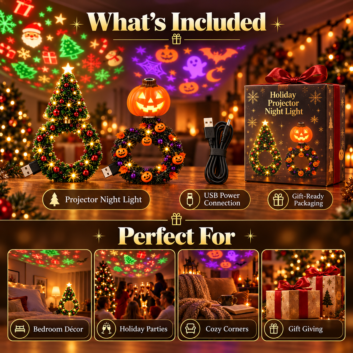 Festive Wreath Projector Night Light | Halloween & Christmas 2 Independent Styles