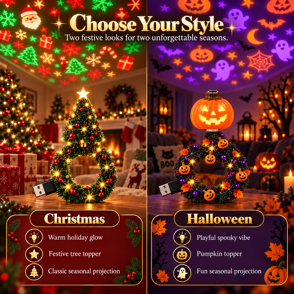 Festive Wreath Projector Night Light | Halloween & Christmas 2 Independent Styles